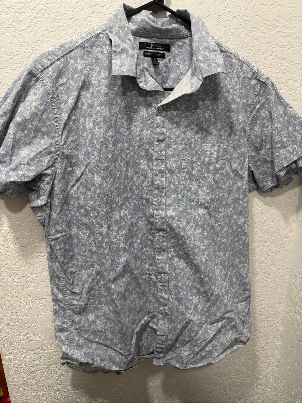 Marc Anthony Light Blue and White Floral Short-Sleeve Button-Down Shirt